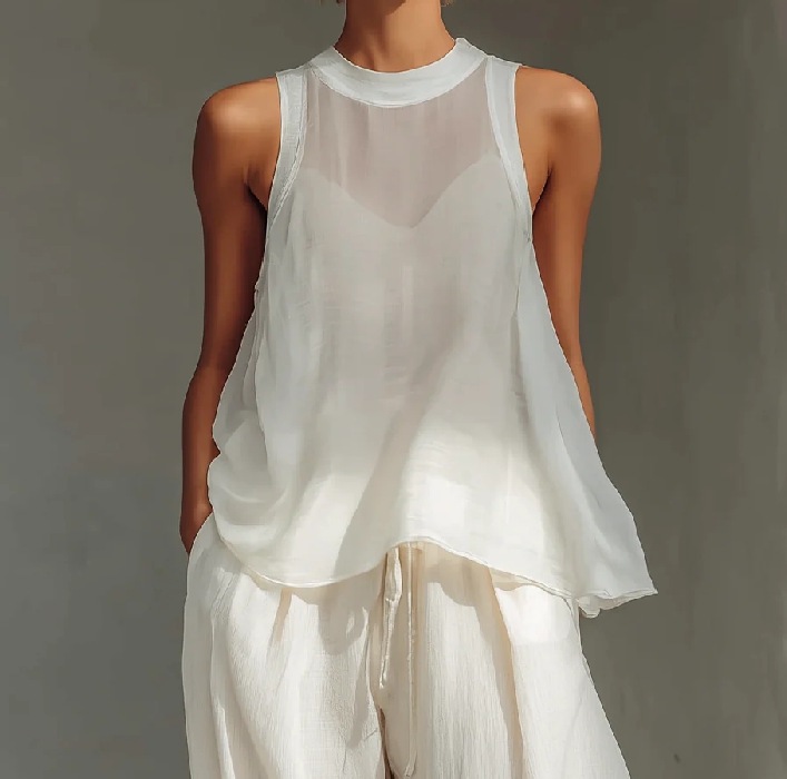 Semi-Sheer Sleeveless Drawstring Top & Wide-Leg Pants Set