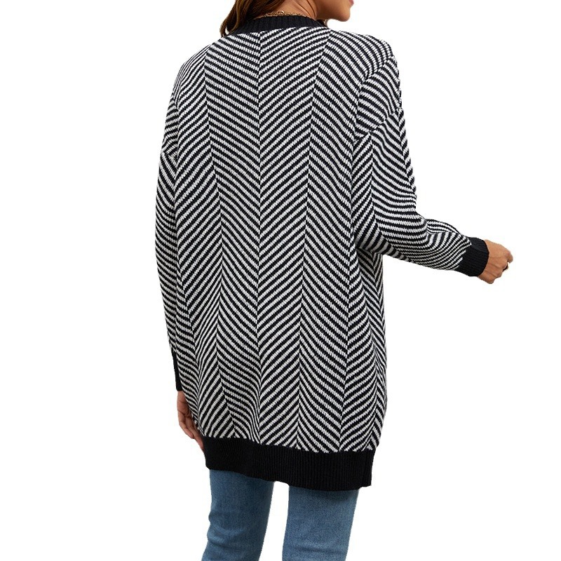 Women's Striped Colorblock Knit Cardigan Loose Long Sweater Coat