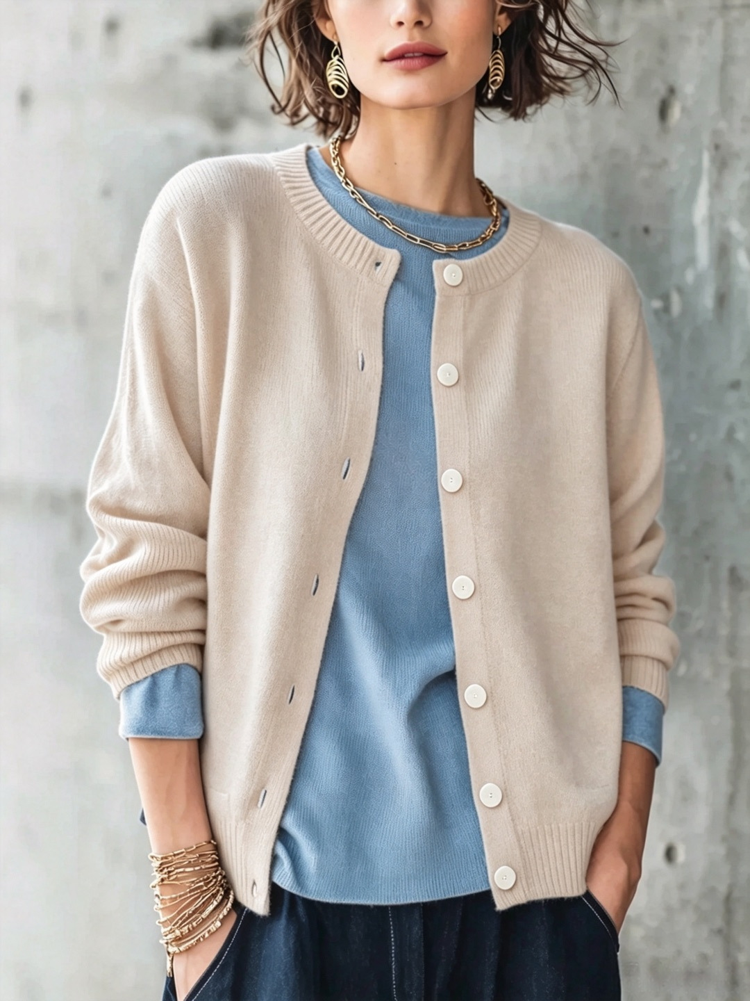 Women's Solid Crewneck Knit Cardigan Long Sleeve Button Casual Sweater Coat
