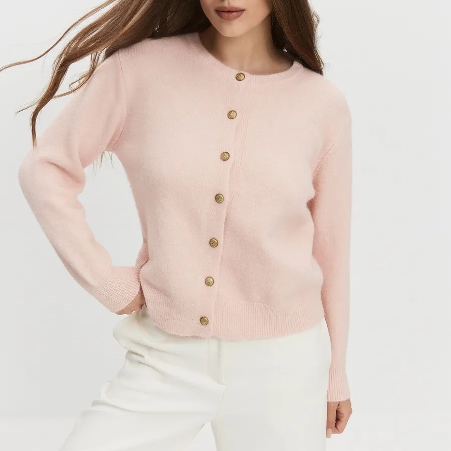 Long Sleeve Knit Cardigan with Gold Buttons Crew Neck Solid Color Loose Sweater Coat