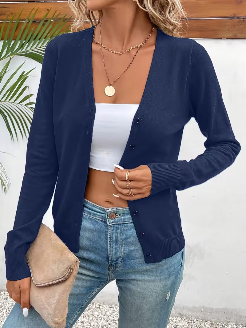 Women's Solid V-Neck Button-Front Knit Cardigan