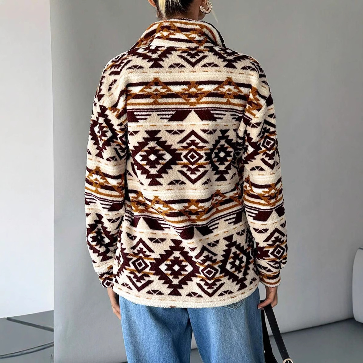 Women's Faux Fur Jacket with Geometric Print, Lapel Collar, Long Sleeve, Dark Brown