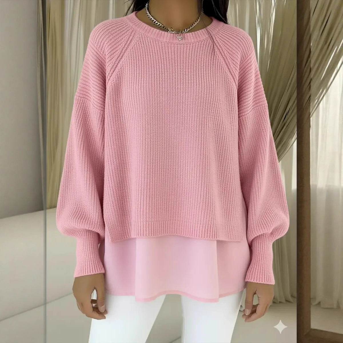 Solid Crewneck Sweater with Chiffon Hem and Lantern Sleeves