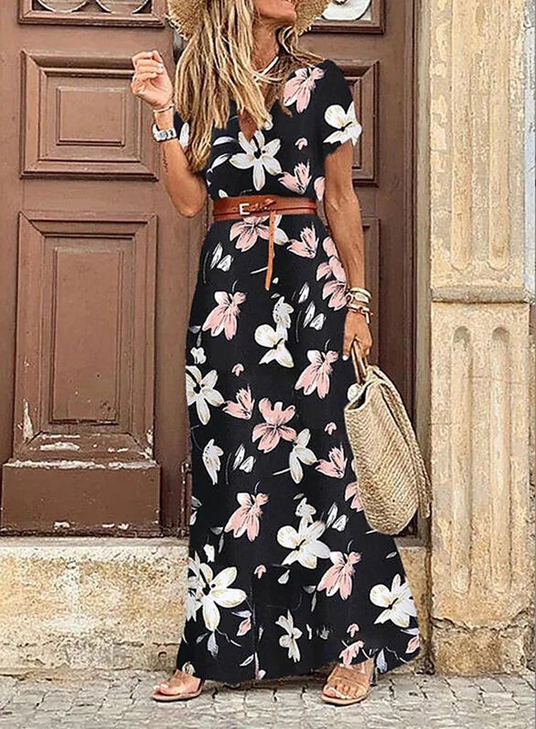 Bohemian V-Neck Floral Print Midi Dress