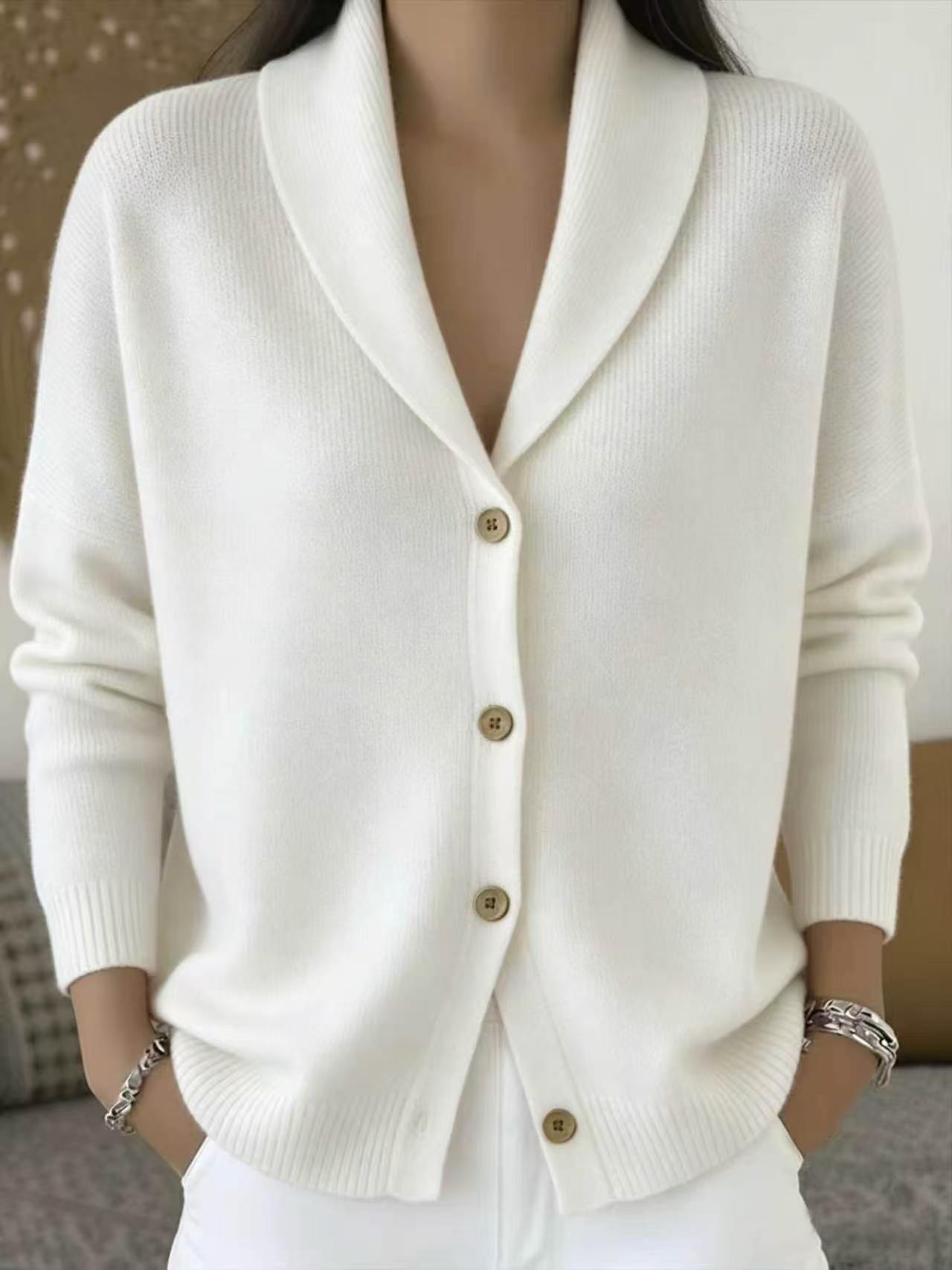 Button-Up Knit Collared Cardigan Sweater Coat Solid Color Women's