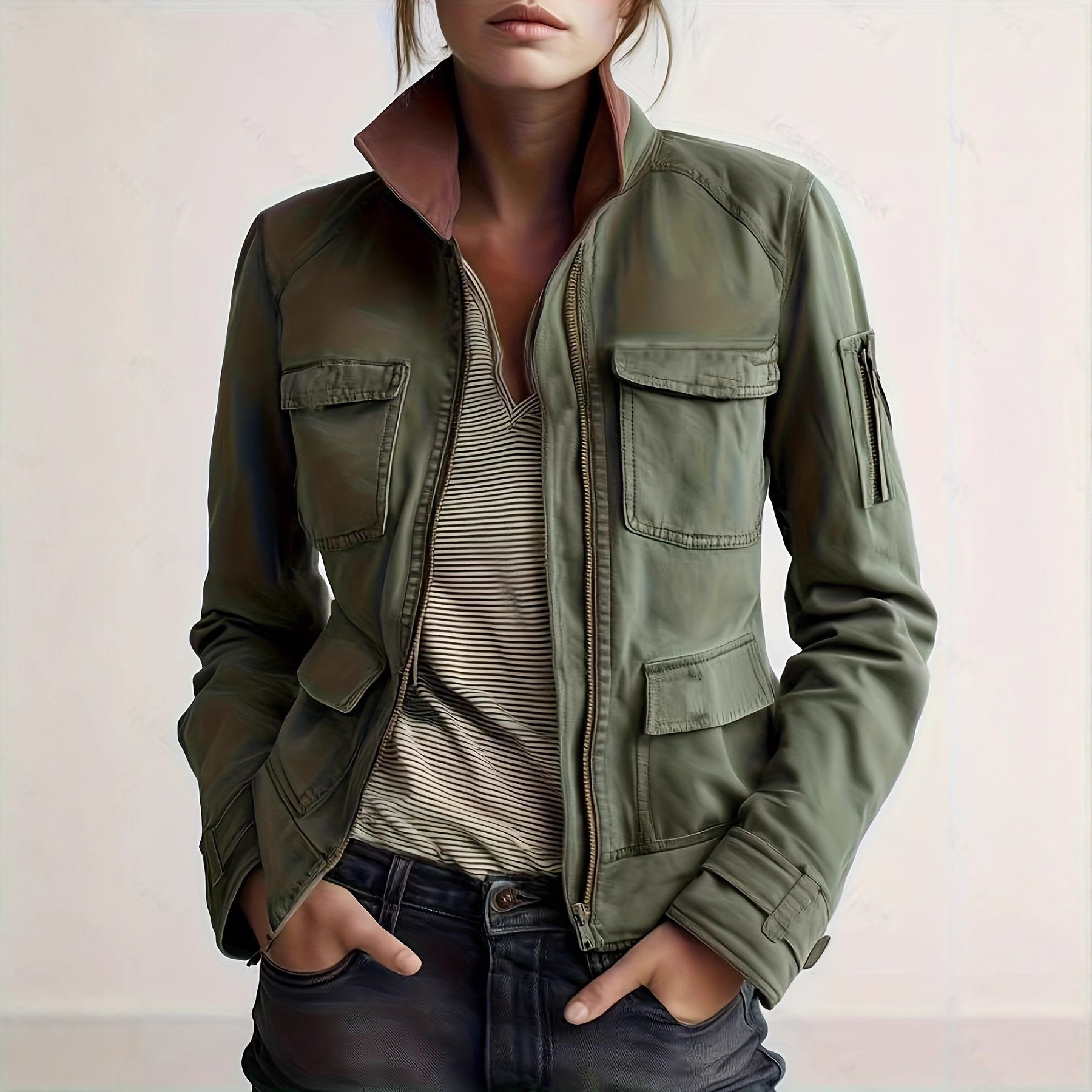 Women's Multi-Pocket Colorblock Zip Utility Jacket