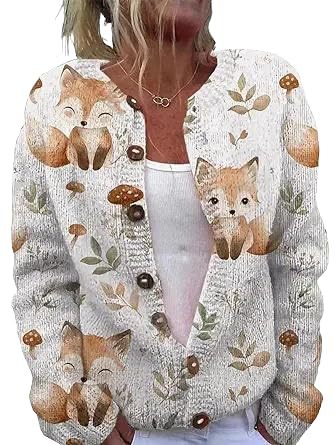 Women's Animal Pumpkin Maple Leaf Print Button Cardigan
