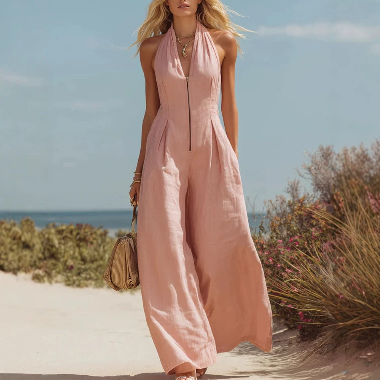 Halter Neck Sleeveless Wide-Leg Jumpsuit with V-Neck and Zip