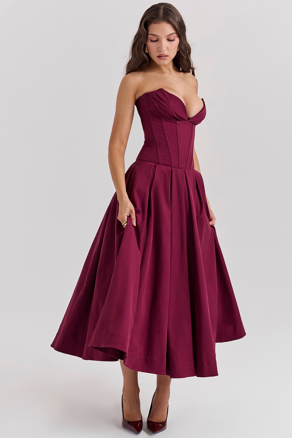 Women's Sleeveless Strapless Midi Dress Solid Color Slim Fit