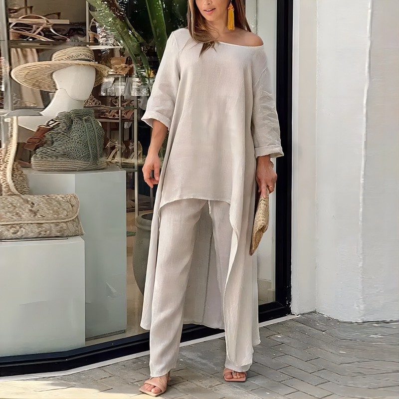 Women's Cotton-Linen Asymmetric Long-Sleeve Wide-Leg Two-Piece Set