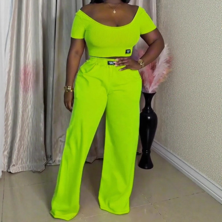 Women's Solid Color Round Neck Short Sleeve Top and Pants Set