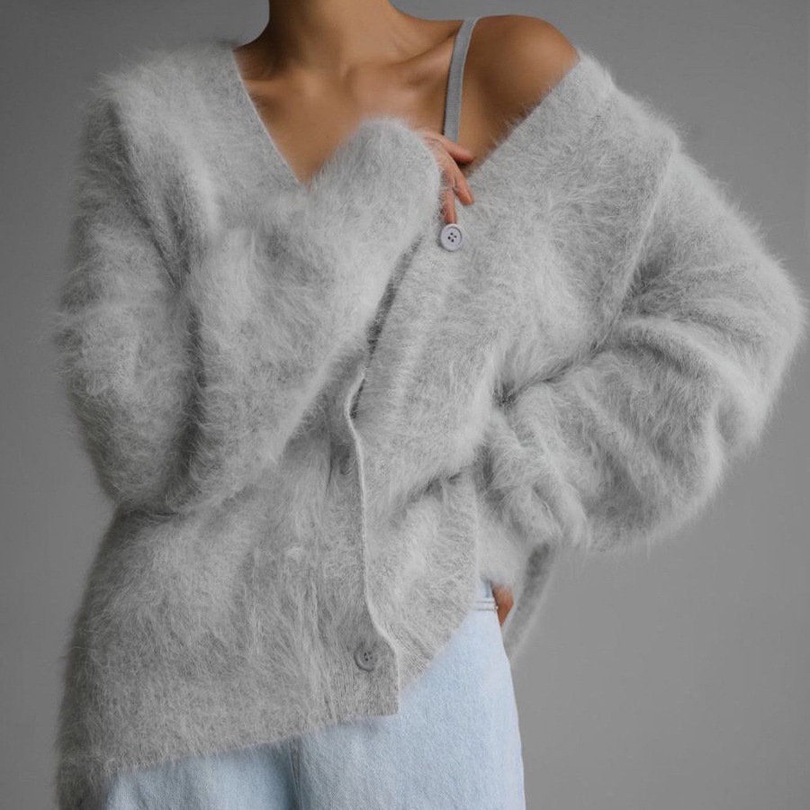Faux Mink V-Neck Knit Cardigan Women Loose Solid Button-Up Sweater