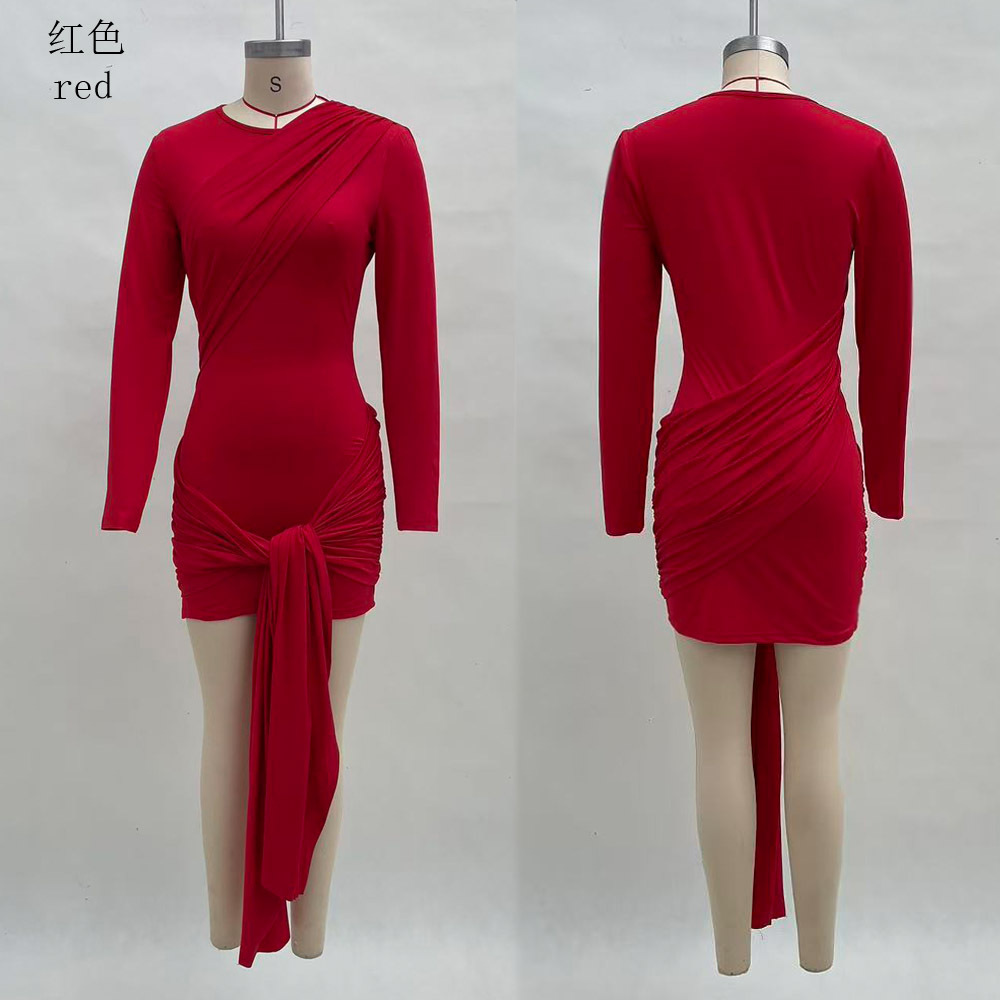 Solid Color Long Sleeve Bodycon Mini Dress with Tie Detail