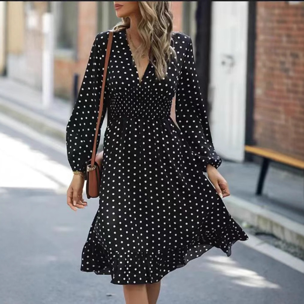 Polka Dot V-Neck Cinched Waist Midi Dress