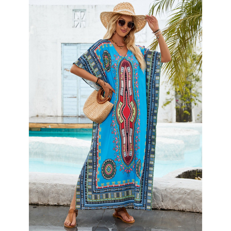 Printed Long Sleeve V-Neck Beach Cover-Up Dress