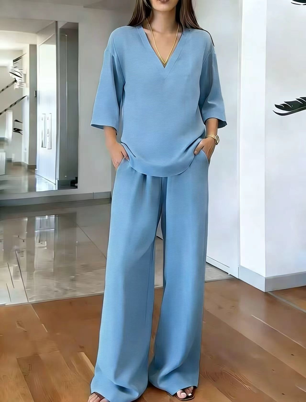 Women's Solid V-Neck Half-Sleeve Top & Wide-Leg Pants Casual Set