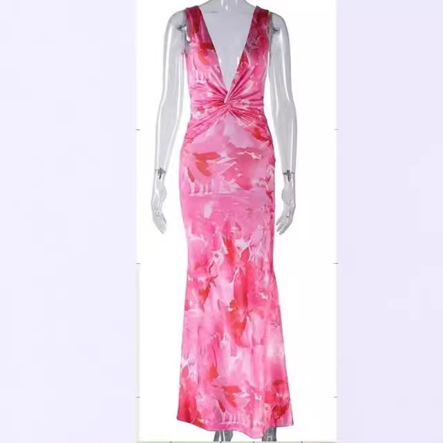 V-Neck Floral Print Stretch Bodycon Dress with Slit