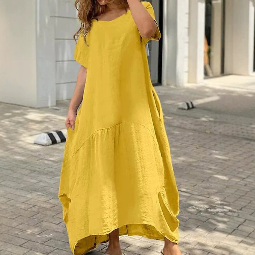 Women's Loose Cotton Linen Long Dress Casual Round Neck Short Sleeve