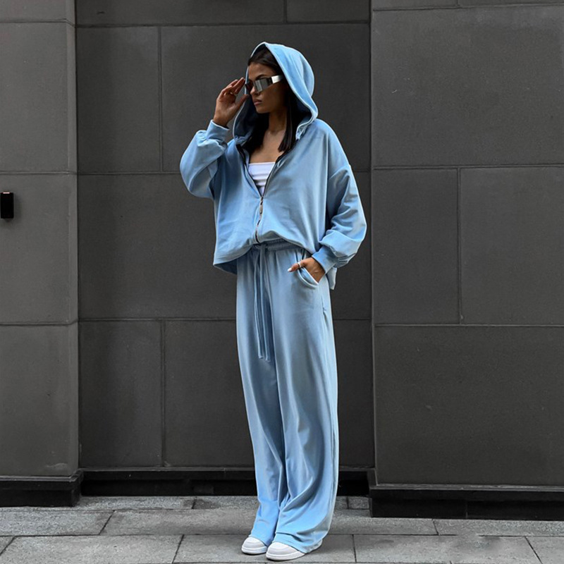 Women's Casual Two-Piece Set Solid Long-Sleeve Zip Hooded Cardigan Top and Jogger Pants