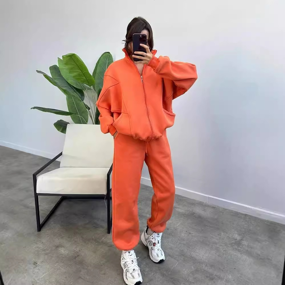 Women's Fleece-Lined Long-Sleeve Sweatsuit Set Solid Color Zip-Up