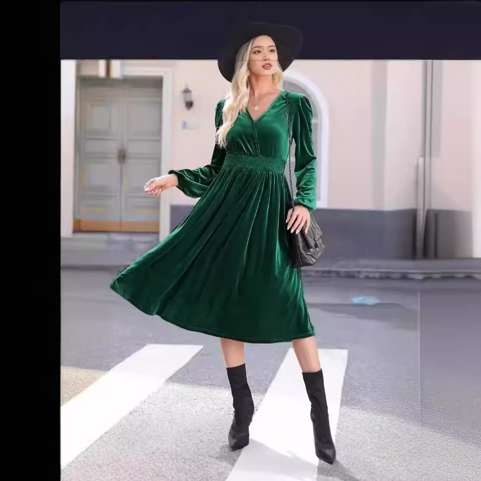 Solid Long Sleeve V-Neck Pleated High Waist A-Line Midi Dress