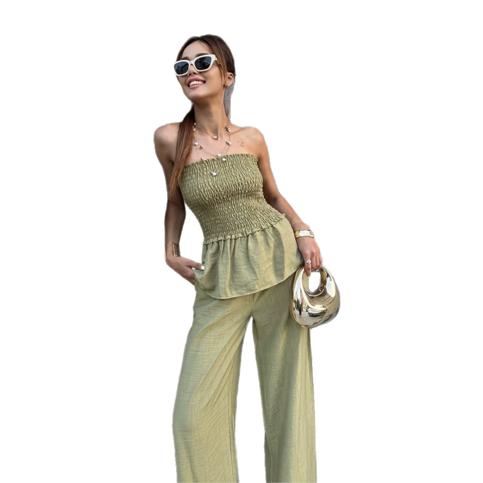 Off-Shoulder Tube Top and Wide-Leg Pants Two-Piece Set