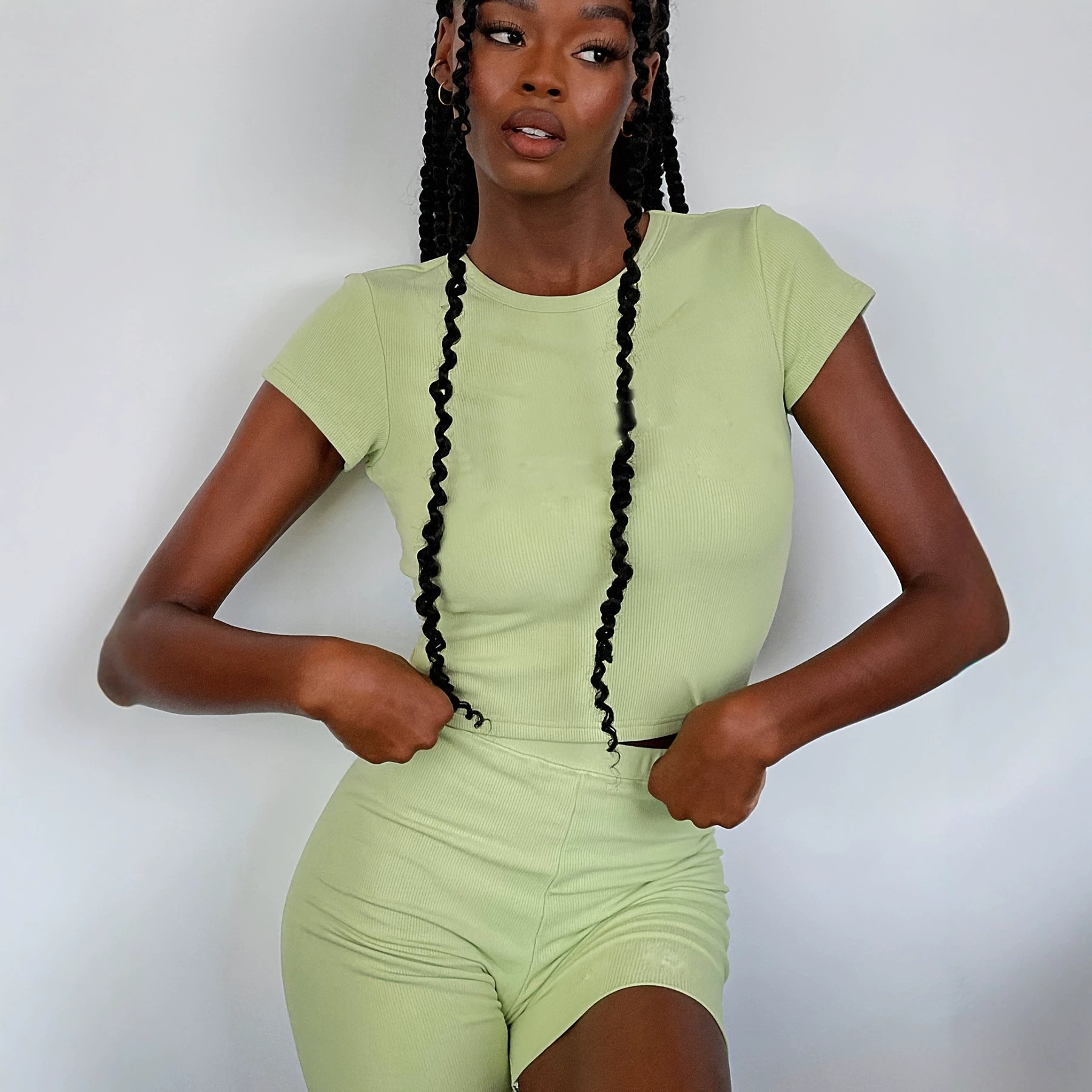 Women's Cropped Short Sleeve Ribbed Knit Top and Shorts Set Casual Sporty Two-Piece
