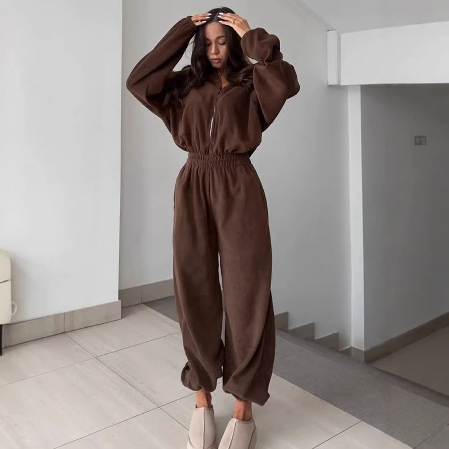 Women's Long Sleeve Jumpsuit with Half Placket and Elastic Waist
