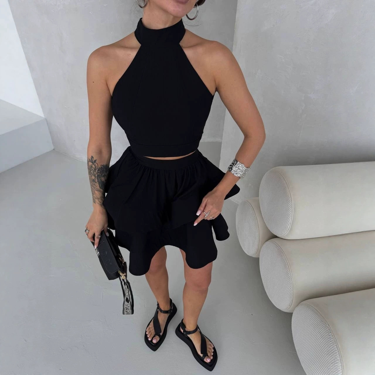 Sleeveless Lace-Up Backless Cami and Tiered Mini Skirt Two-Piece Set