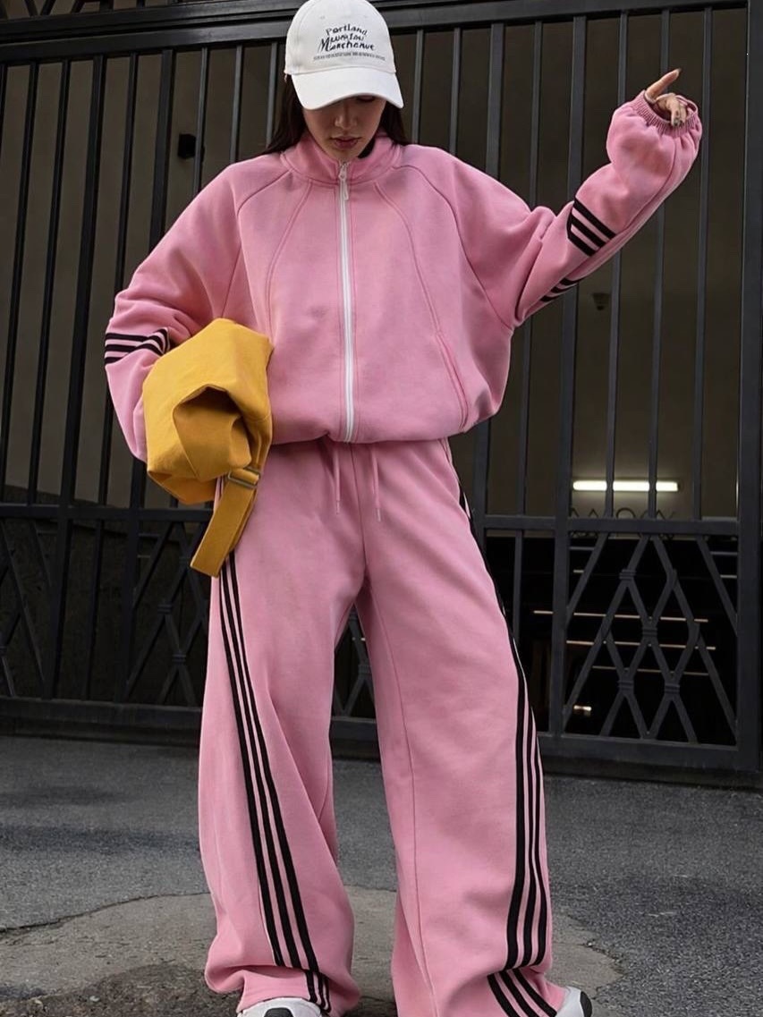 Color-Block Zip-Up Hooded Tracksuit with Classic 3-Stripe Two-Piece Set