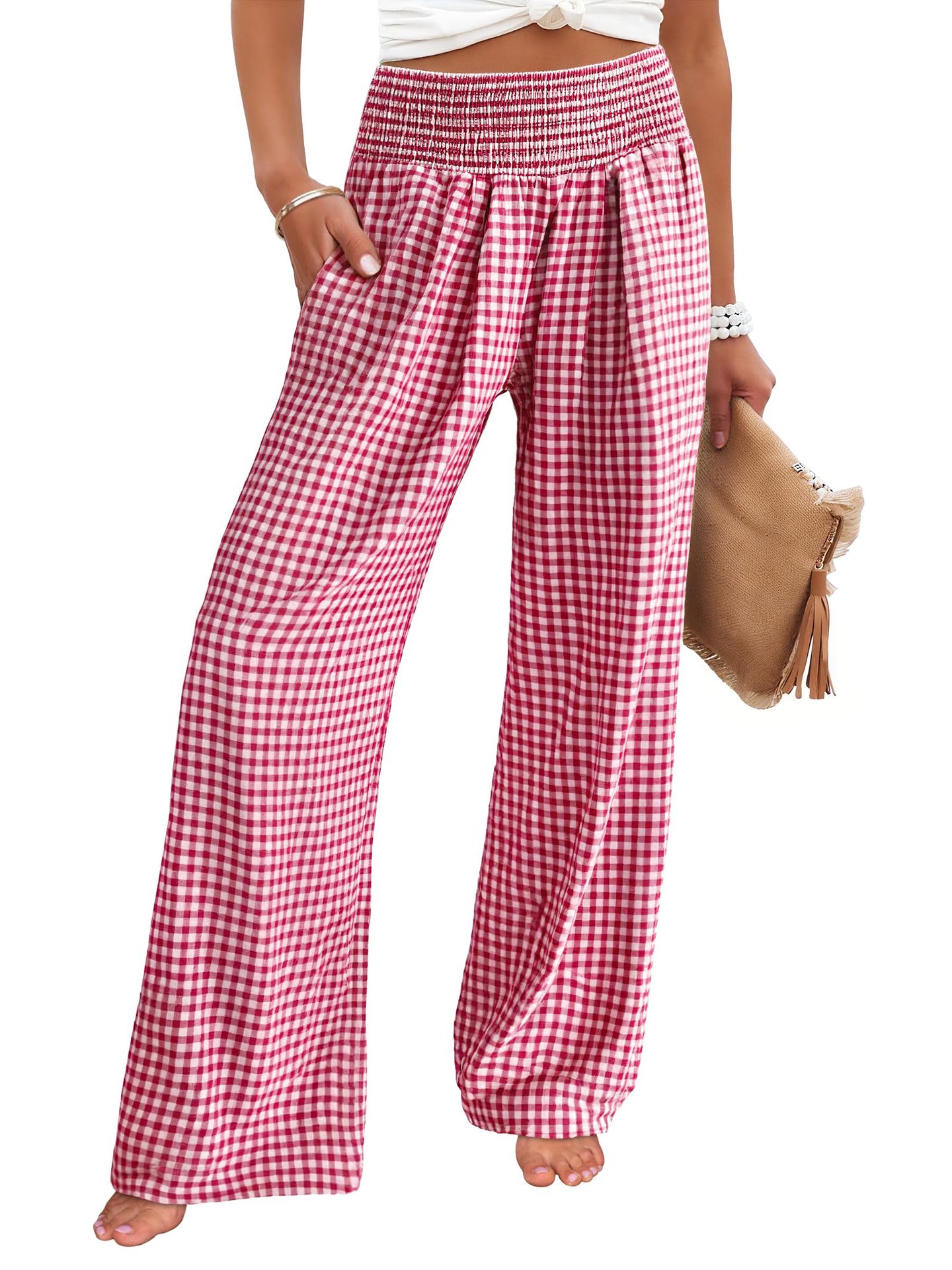 Plaid Wide-Leg High-Waist Pants with Pockets