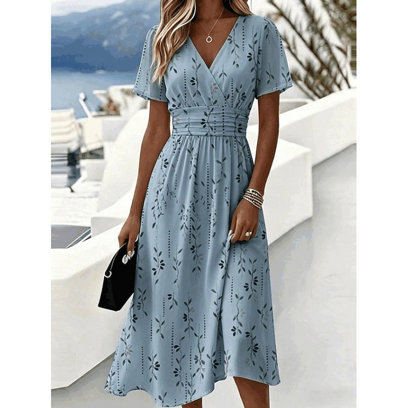 3D Vintage Floral Short Sleeve V-Neck Midi Dress with Flared Skirt