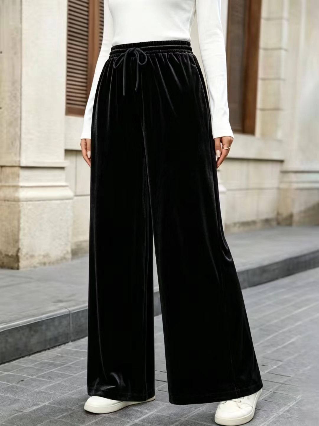 High-Waist Drawstring Wide-Leg Velvet Pants