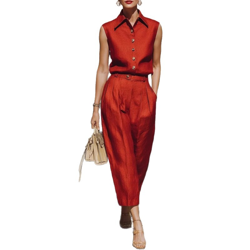 Red Collared Sleeveless Shirt and Pants Two-Piece Set