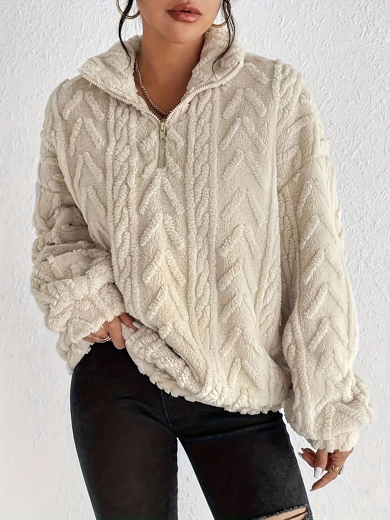 Women's Double-Sided Fleece Pullover with Zip and Jacquard Pattern