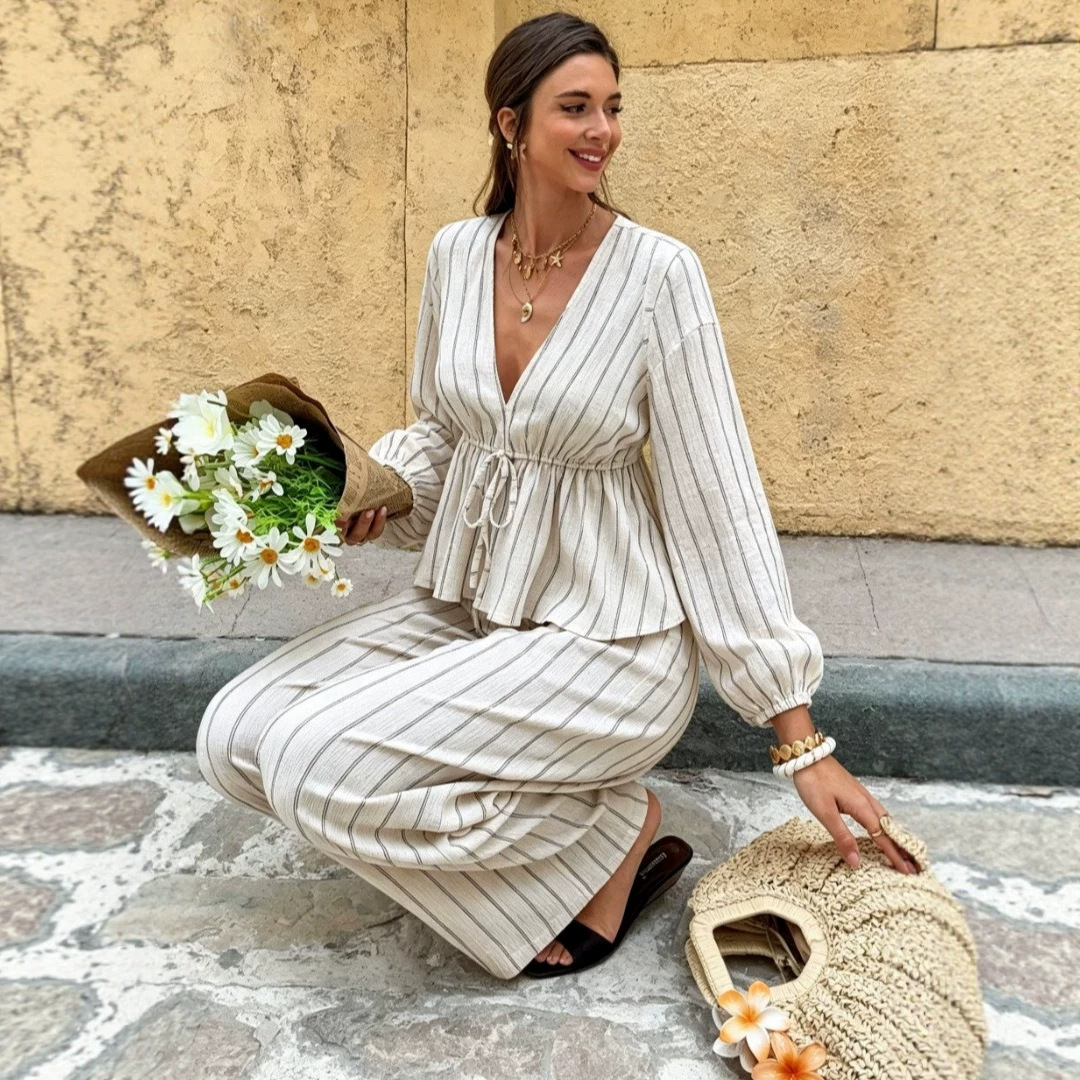 V-Neck Tie Striped Long Sleeve Top and Pants Two-Piece Set