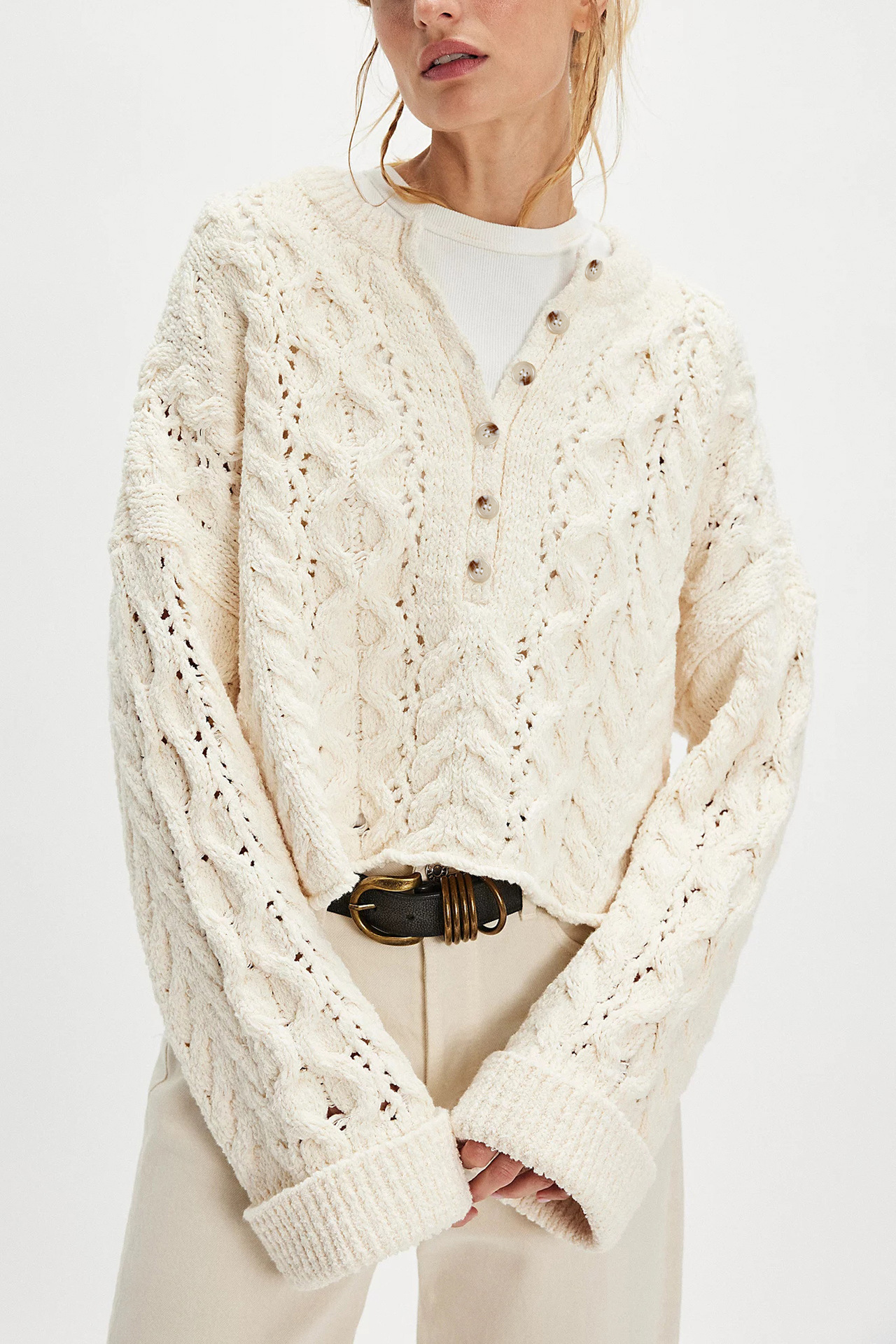 Cable-Knit Button-Trim Pullover Sweater