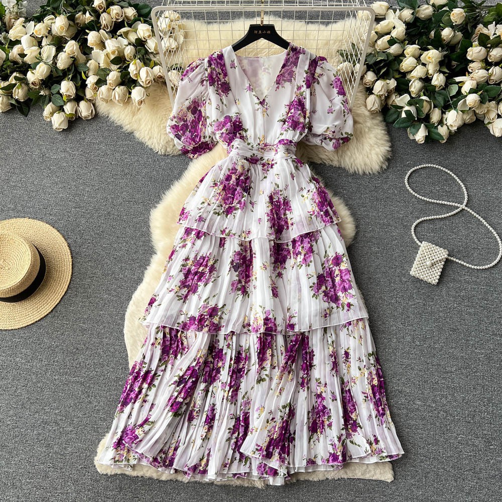 French-Style V-Neck Puff-Sleeve Floral Print Pleated Midi Dress