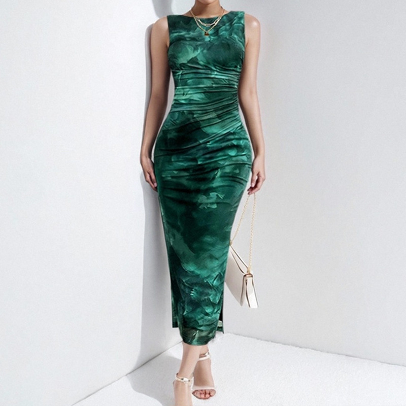 Women's Floral Print Bodycon Maxi Dress Sleeveless High Waist Elegant Evening Gown