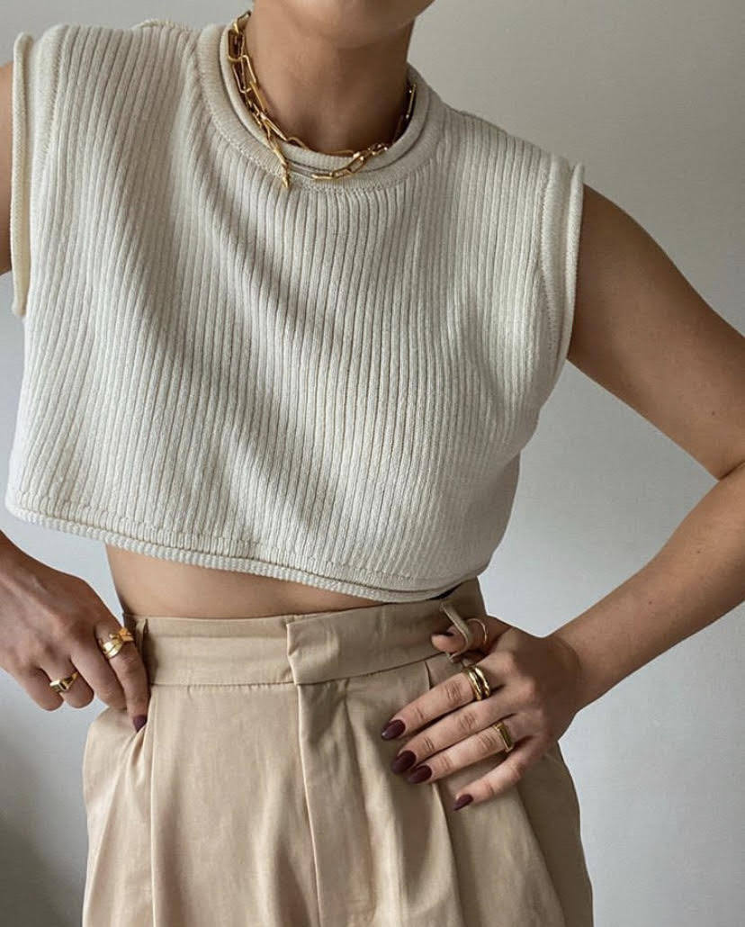 Women's Sleeveless Cropped Knit Tank Top Crew Neck Solid