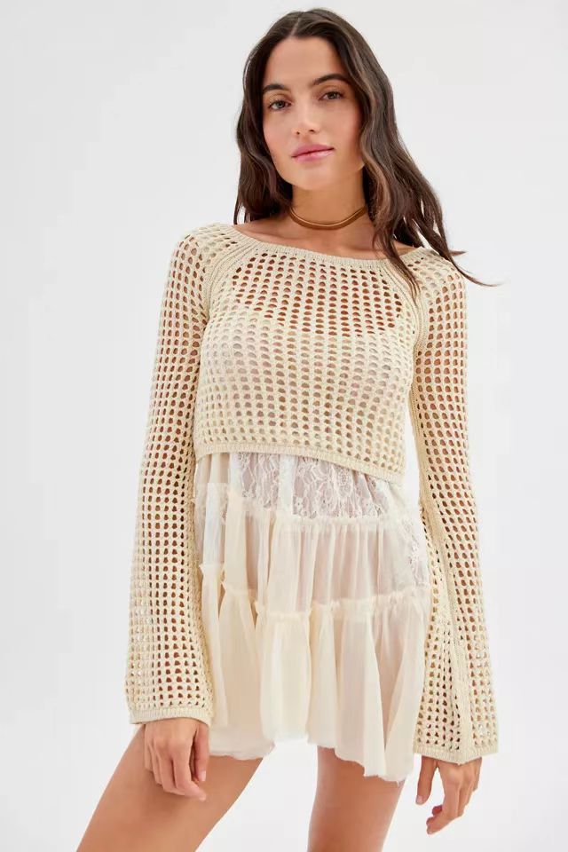 Women's Color-Block Hollow-Out Long-Sleeve Cropped Knit Top