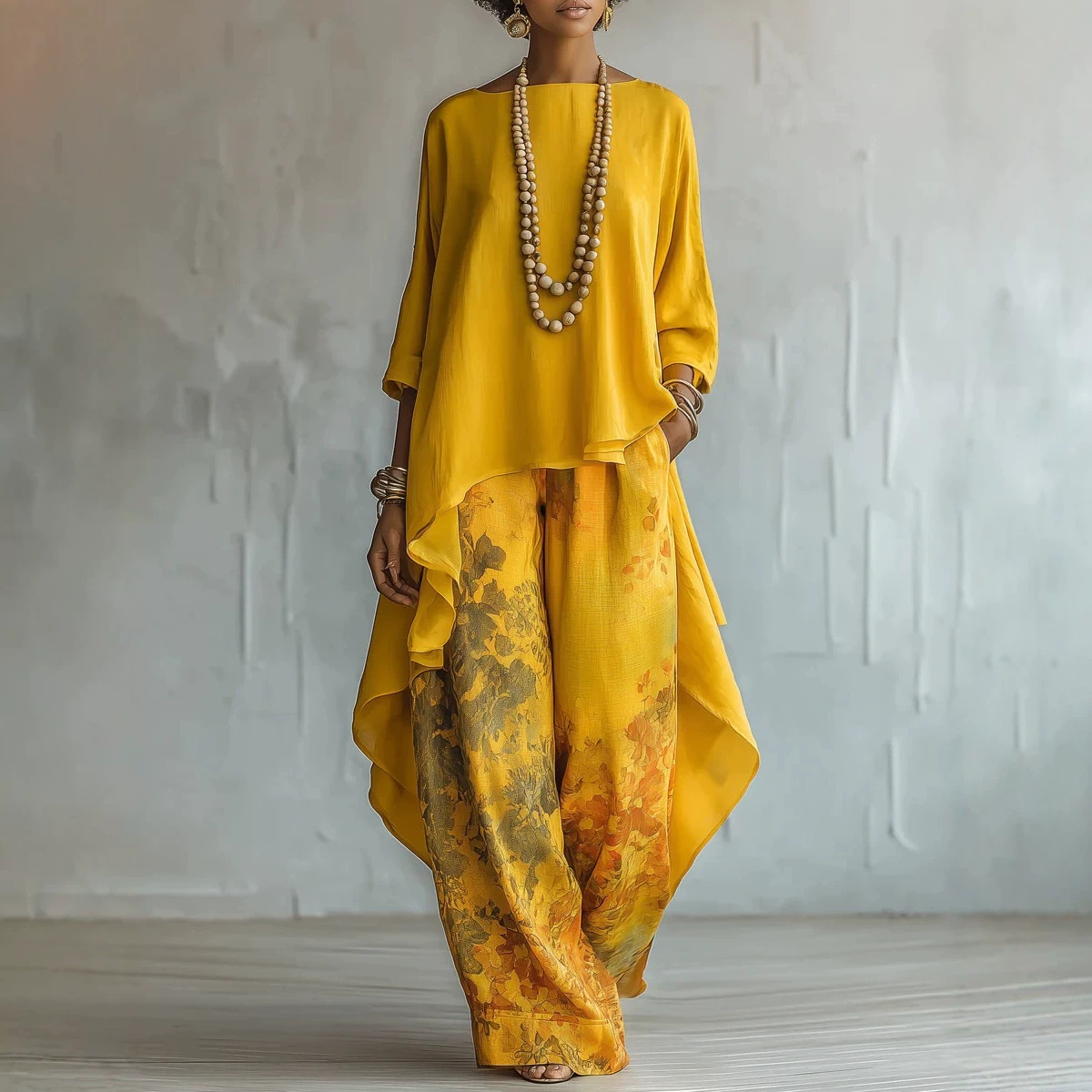 Digital Print Wide-Leg Pants and Crewneck Long-Sleeve Top Two-Piece Set