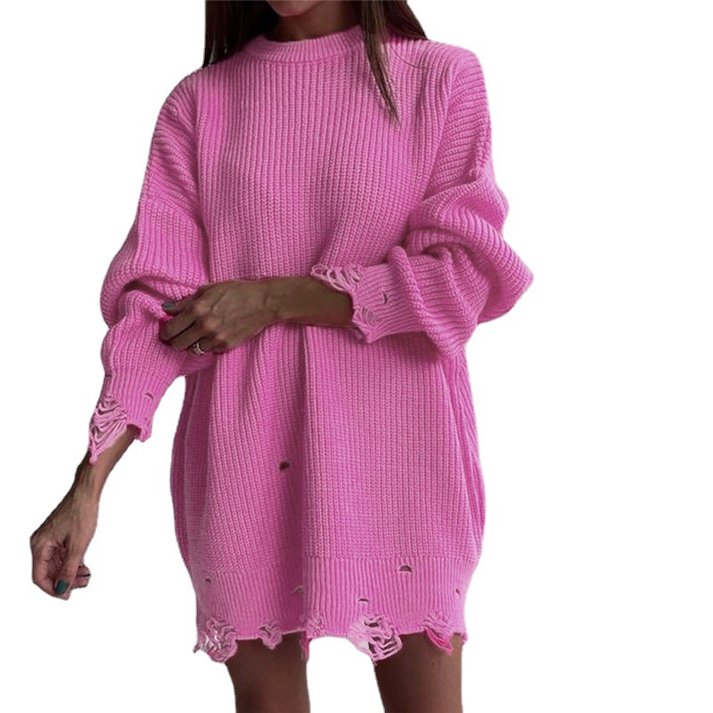 Loose Solid Color Distressed Crewneck Pullover Sweater Long Sleeve Mid-Length