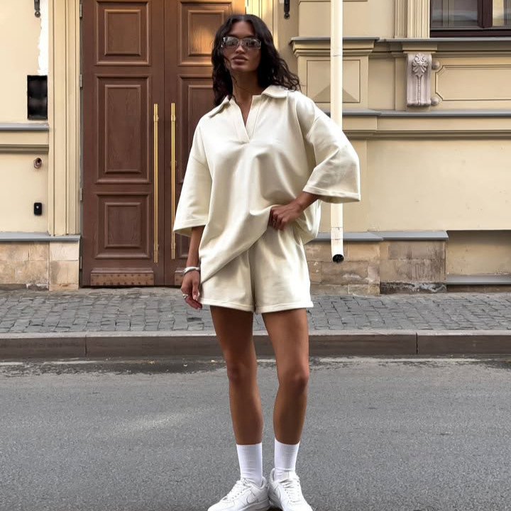 Women's Casual Polo Shirt and Pants Set Loose Streetwear Two-Piece