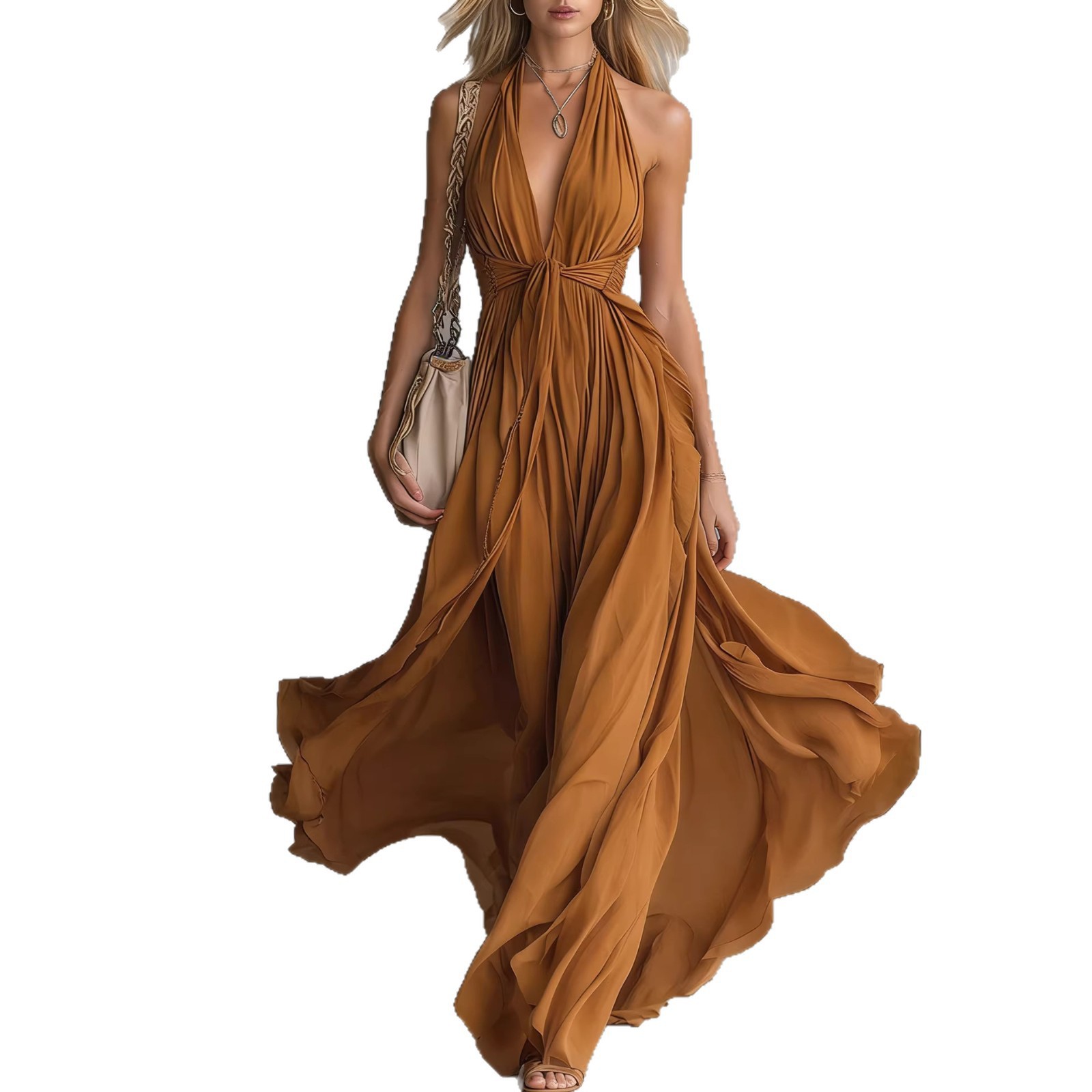 Women's Sexy Solid V-Neck Sleeveless High-Waist Midi Dress Vacation Style