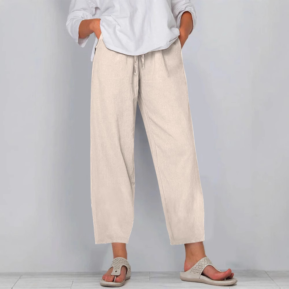 Women's Cotton-Linen Wide-Leg Pants with Elastic Waist Solid Color Casual Long Pants