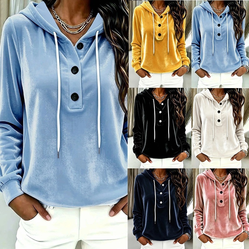 Women's Velvet Hooded Sweatshirt Thick Solid Color Long Sleeve