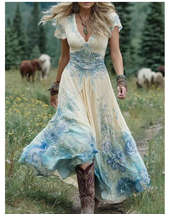 Plus Size Loose Fit A-Line Dress with Creative Totem Print, Deep V-Neck Short Sleeve