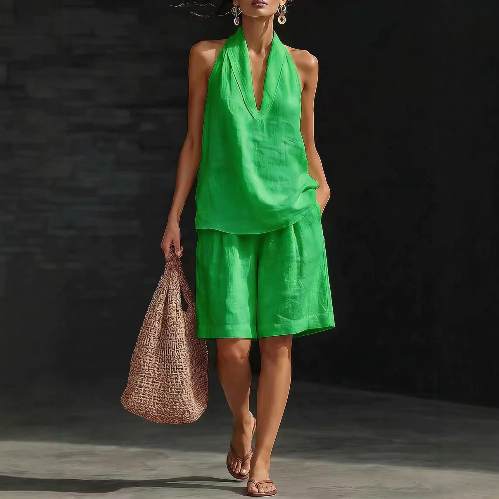 Women's Halter V-Neck Sleeveless Top and Shorts Two-Piece Set