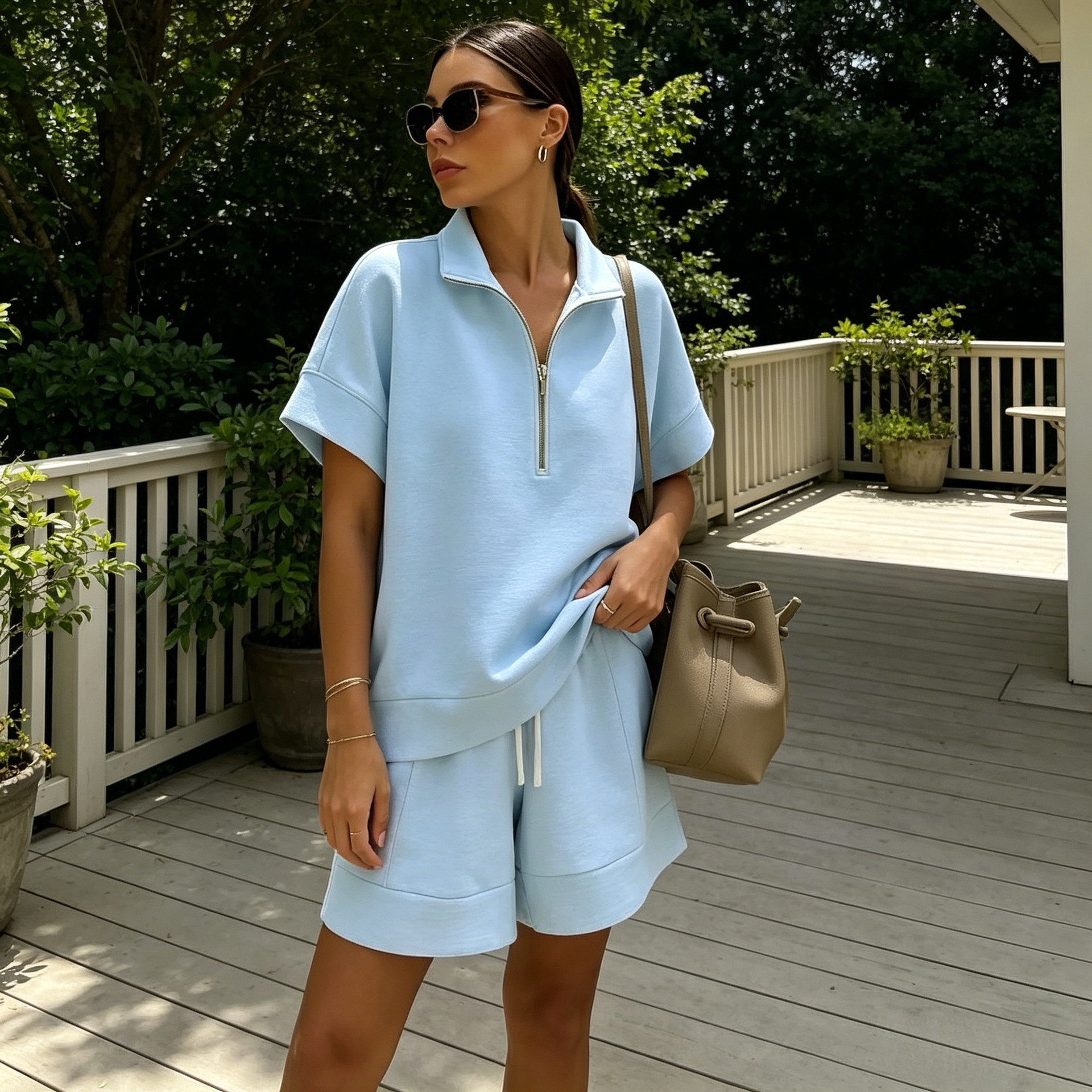 Solid Color Long Sleeve Tee & Shorts Two-Piece Set